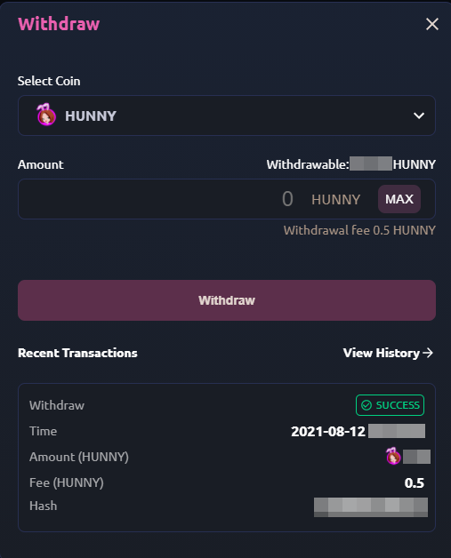 HunnyPlay Withdrawal - Confirm the transaction